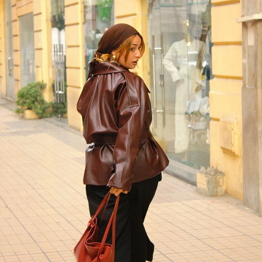 Oversized Burgandy Double-Breasted Leather Jacket