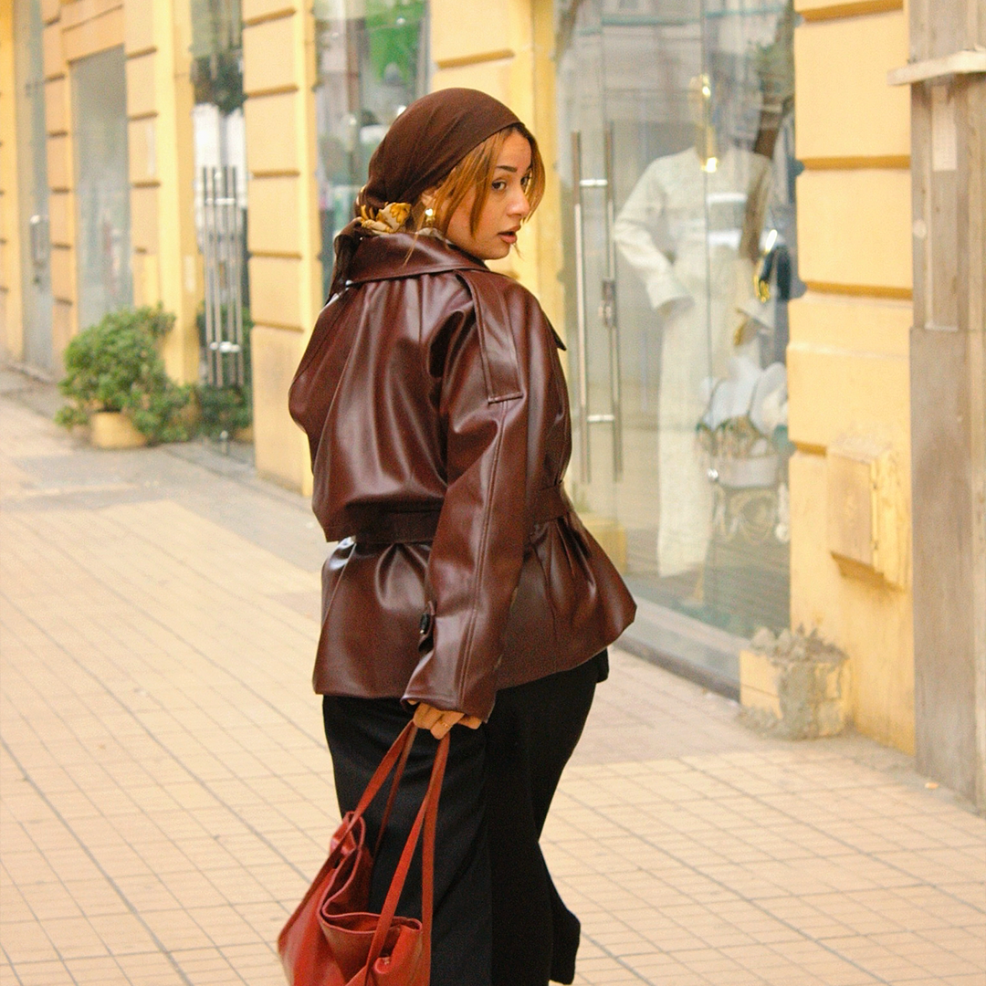 Oversized Burgandy Double-Breasted Leather Jacket