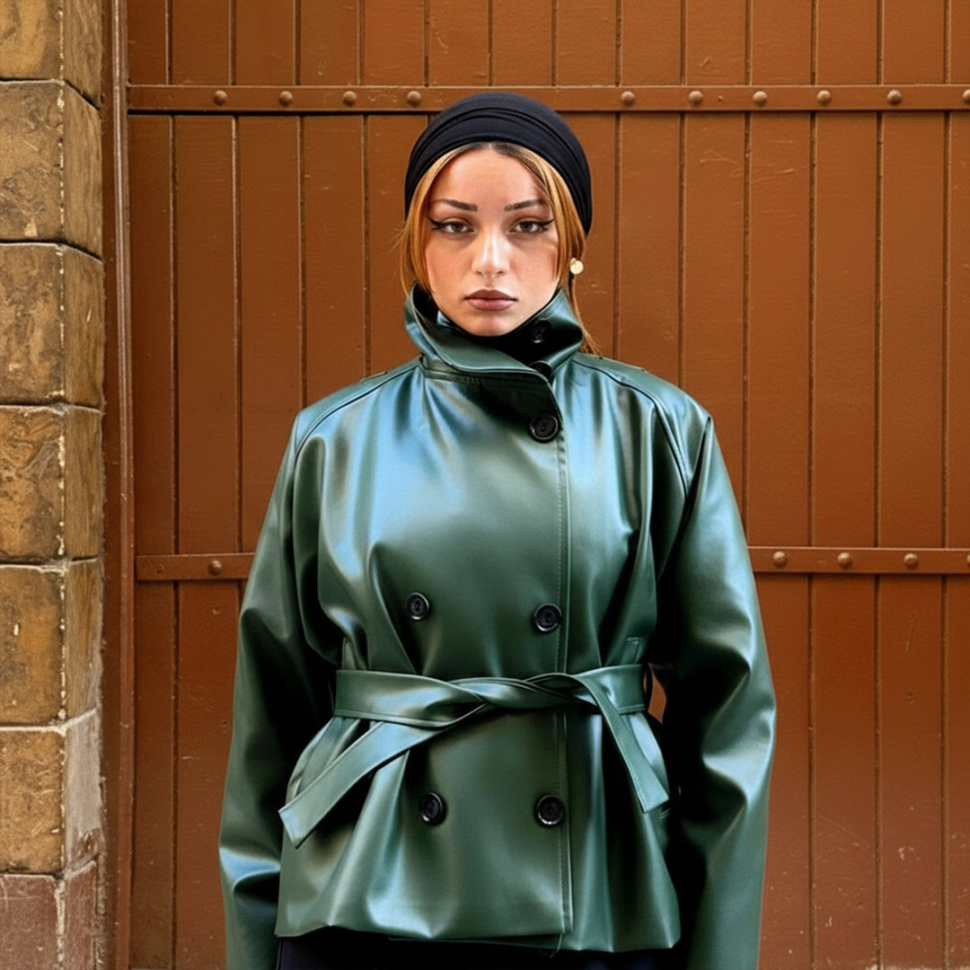 Oversized Deep Green Double-Breasted Leather Jacket