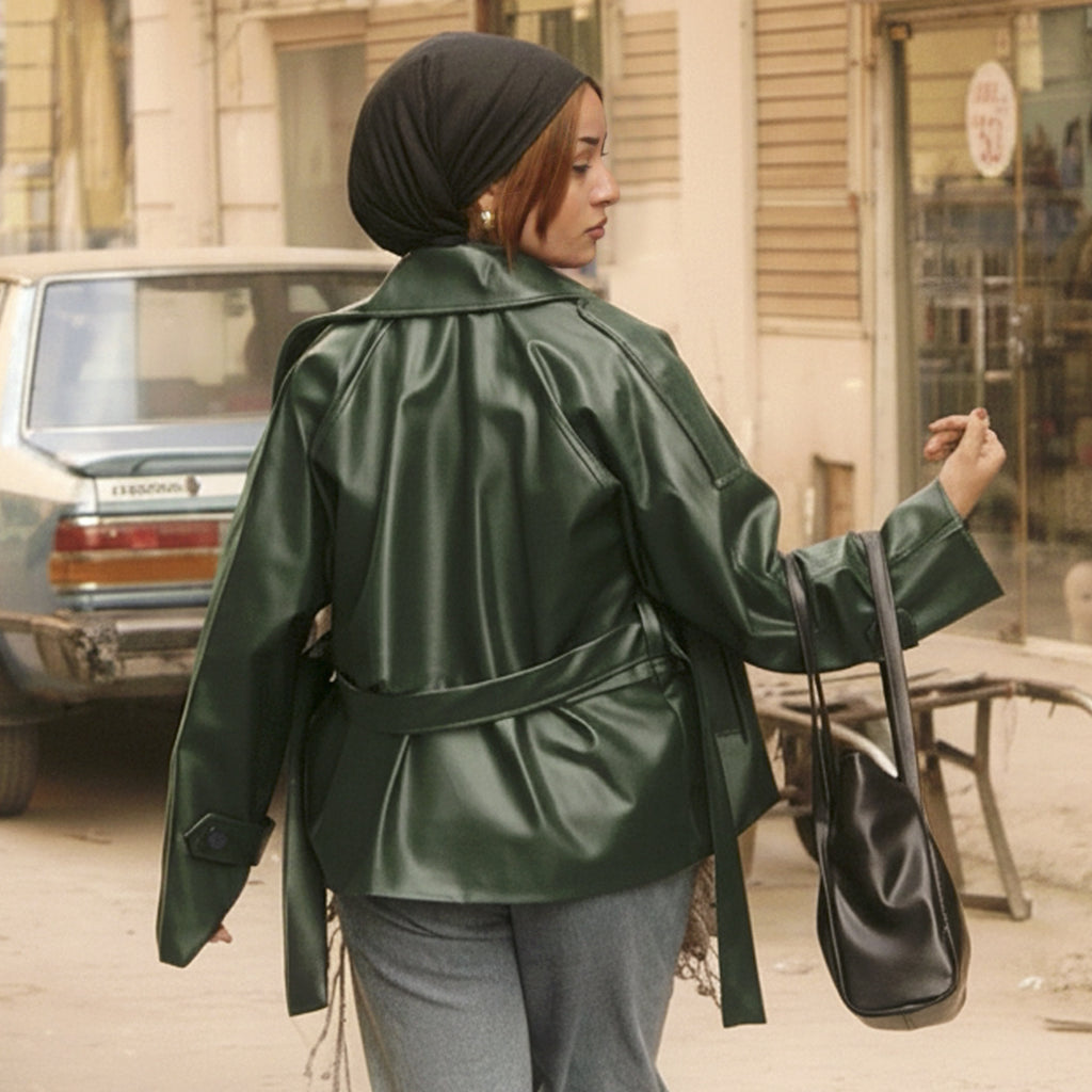 Oversized Deep Green Double-Breasted Leather Jacket