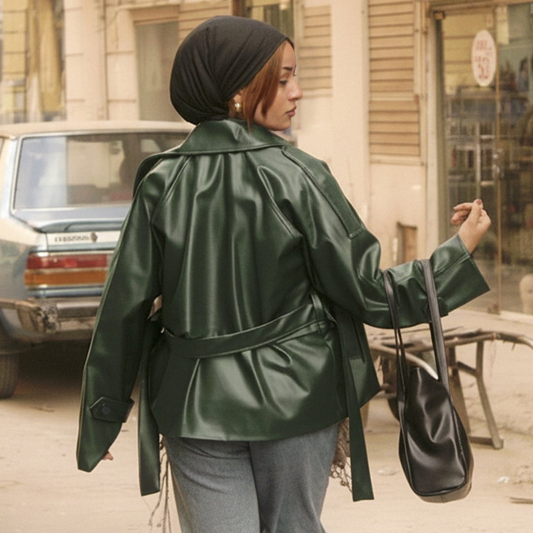 Oversized Deep Green Double-Breasted Leather Jacket