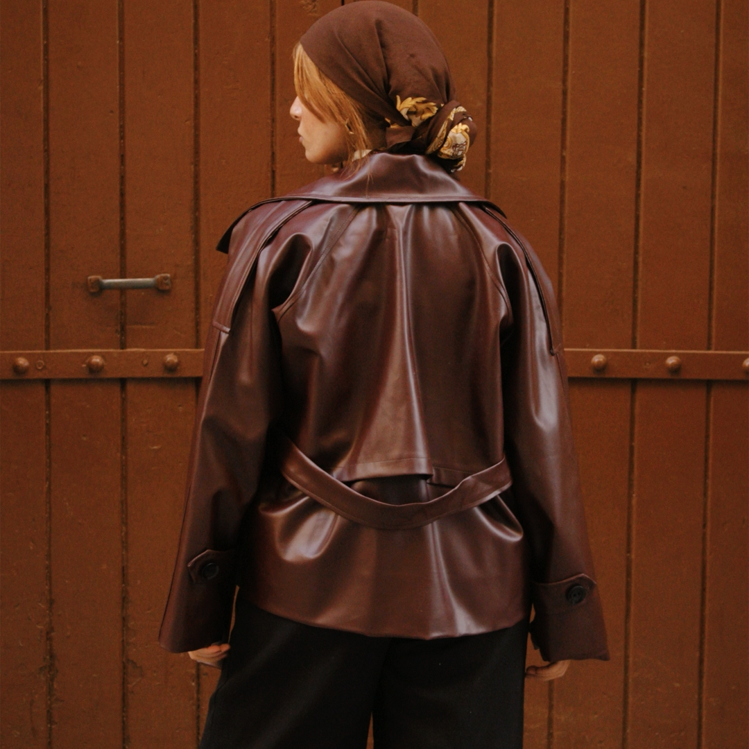 Oversized Burgandy Double-Breasted Leather Jacket