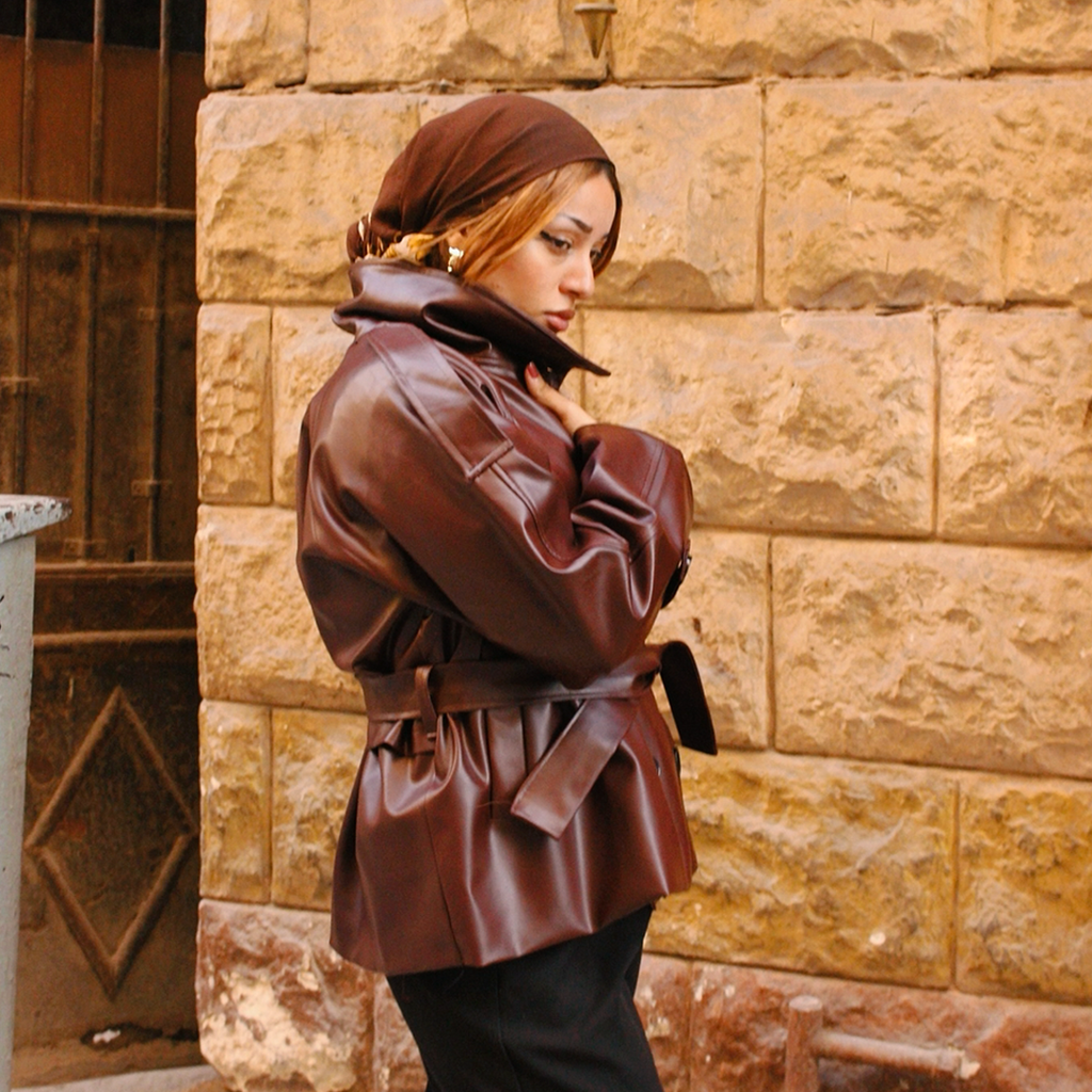 Oversized Burgandy Double-Breasted Leather Jacket