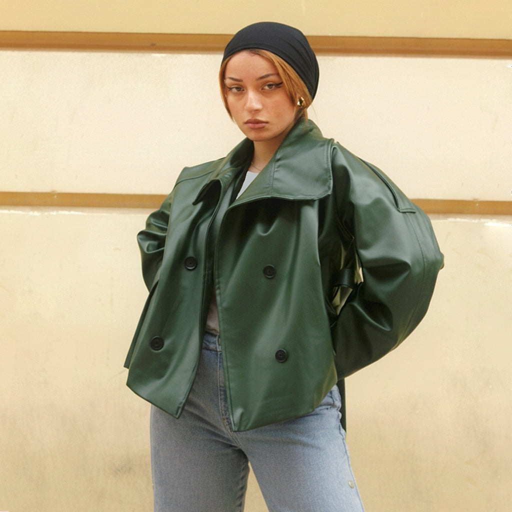 Oversized Deep Green Double-Breasted Leather Jacket