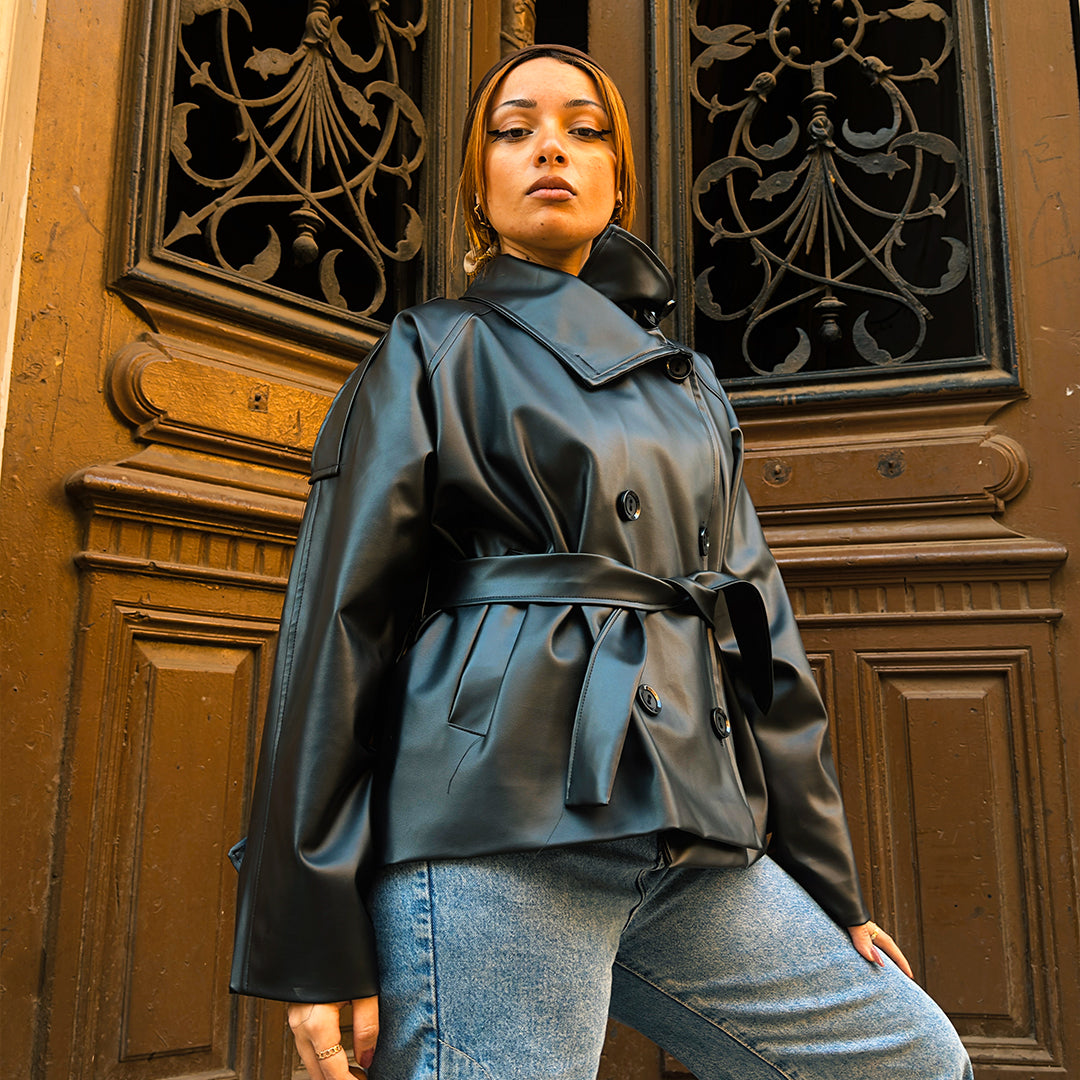 Oversized Black Double-Breasted Leather Jacket