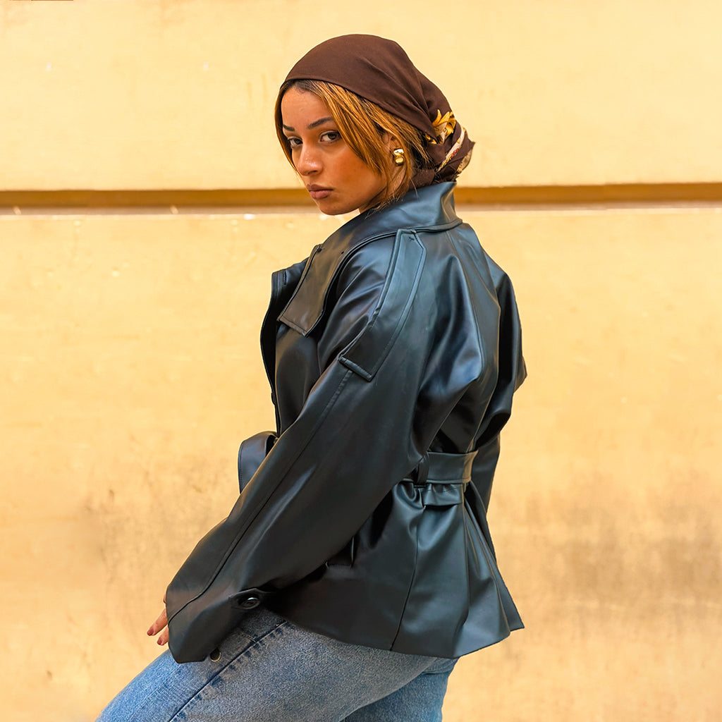 Oversized Black Double-Breasted Leather Jacket