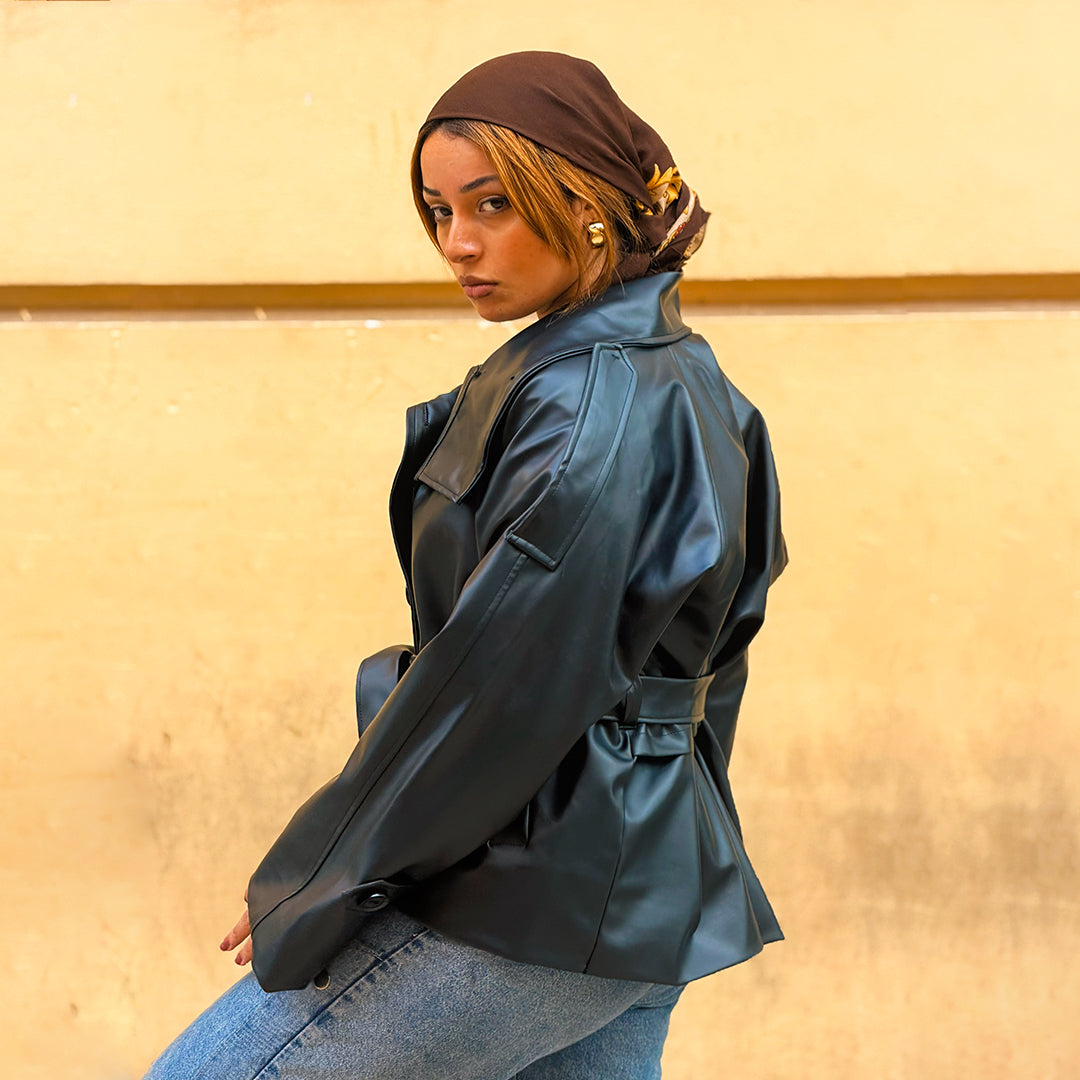 Oversized Black Double-Breasted Leather Jacket