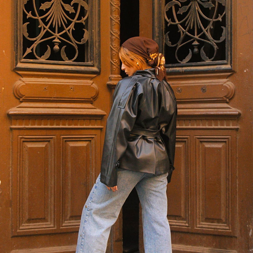 Oversized Black Double-Breasted Leather Jacket