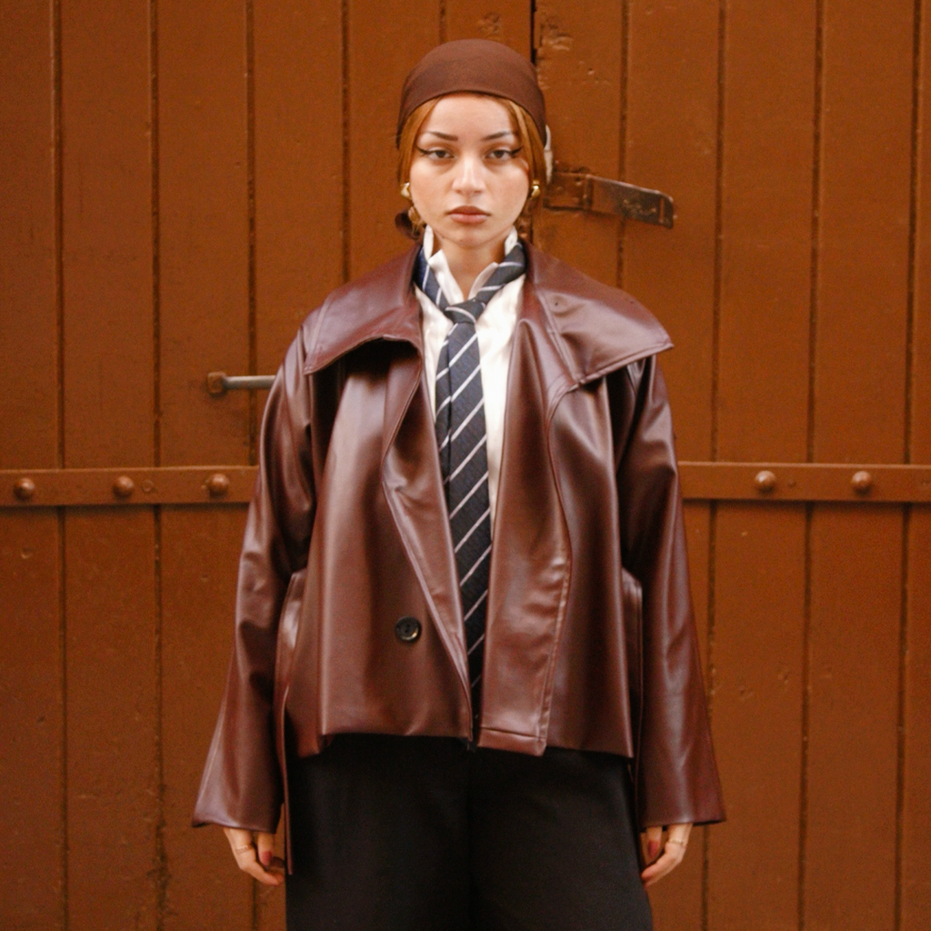 Oversized Burgandy Double-Breasted Leather Jacket