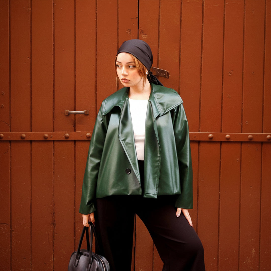 Oversized Deep Green Double-Breasted Leather Jacket