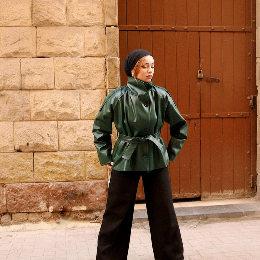 Oversized Deep Green Double-Breasted Leather Jacket