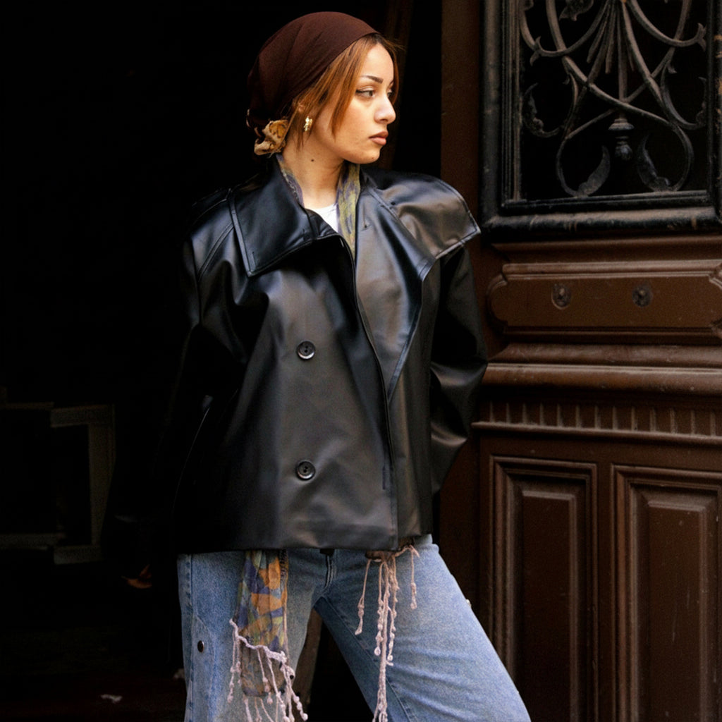 Oversized Black Double-Breasted Leather Jacket