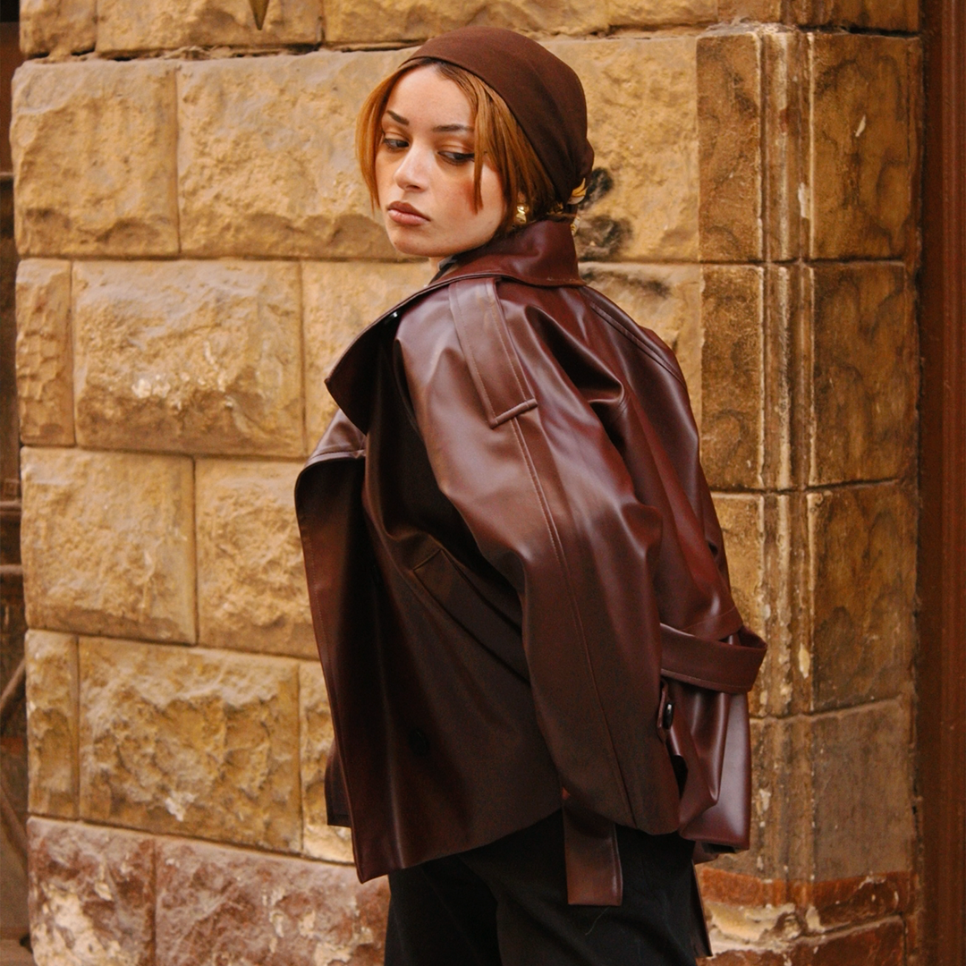 Oversized Burgandy Double-Breasted Leather Jacket