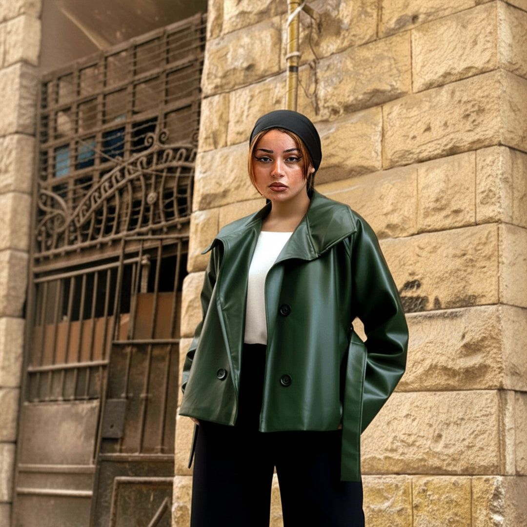 Oversized Deep Green Double-Breasted Leather Jacket