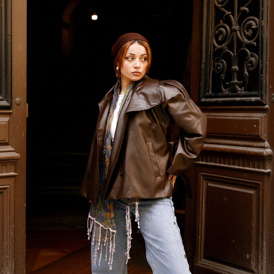 Oversized Chocolate Brown Double-Breasted Leather Jacket