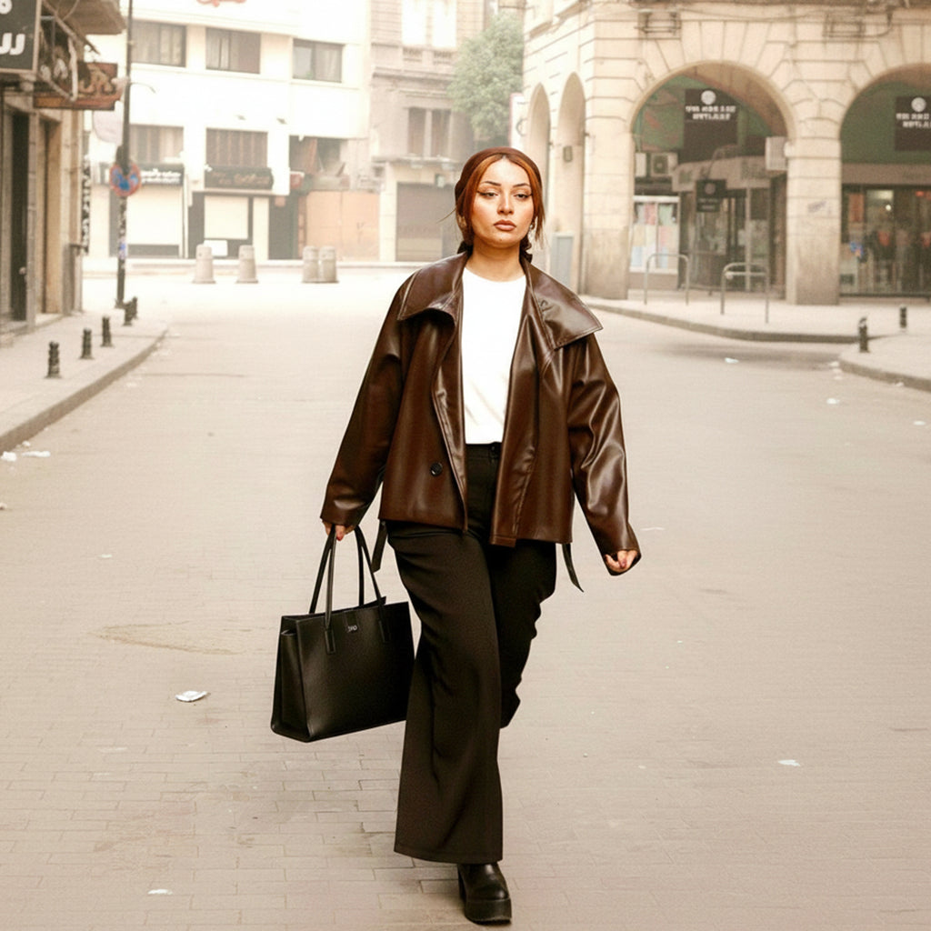 Oversized Chocolate Brown Double-Breasted Leather Jacket